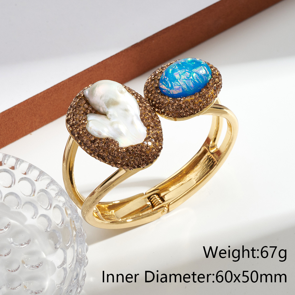 Oval Inlay Bangle For Women In Copper With 18K Real Gold Plated Water Plating And Pearl Inlay 6