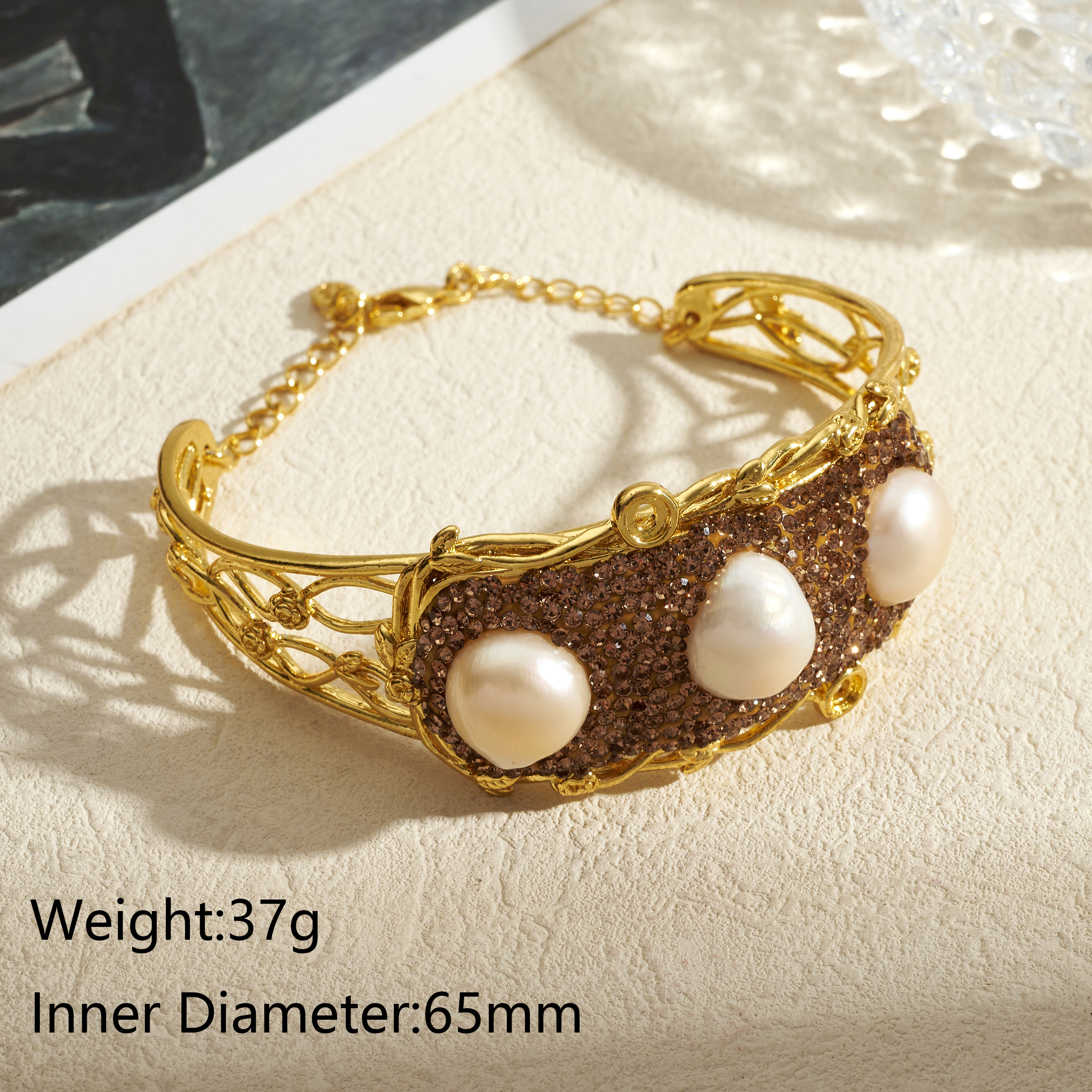 Oval Inlay Bangle For Women In Copper With 18K Real Gold Plated Water Plating And Pearl Inlay 8