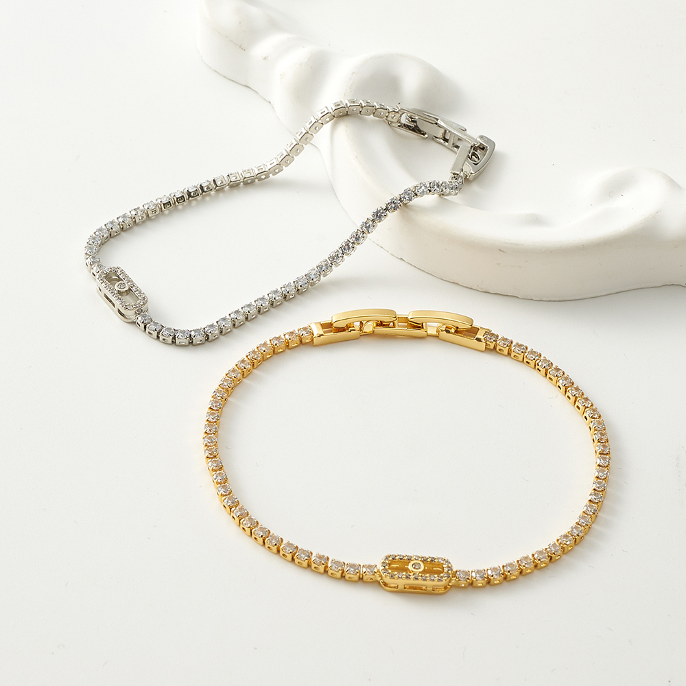 Oval Inlay Zircon Tennis Chain Bracelet For Women, Copper With 18K Real Gold Water Plating