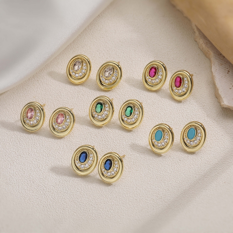 Oval Stud Earrings With Zircon Inlay, Copper Base Featuring 18K Real Gold Plated Water Plating With 0.03µm Thickness