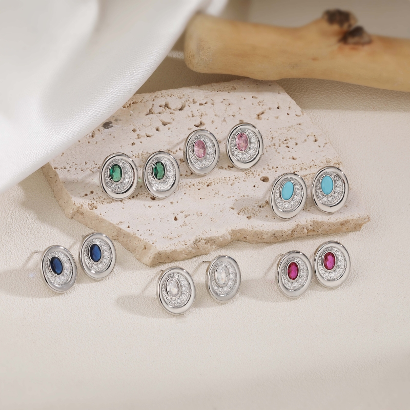 Oval Stud Earrings With Zircon Inlay, Copper Base Featuring 18K Real Gold Plated Water Plating With 0.03µm Thickness 2