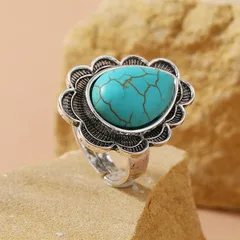 Water Droplets Ring For Women In Blue Alloy With Turquoise Inlay, Electroplated Finish, 1 Piece