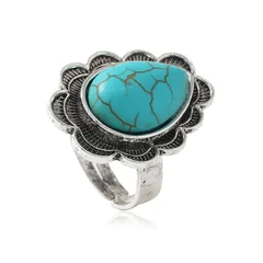 Water Droplets Ring For Women In Blue Alloy With Turquoise Inlay, Electroplated Finish, 1 Piece 2