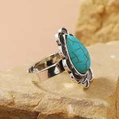 Water Droplets Ring For Women In Blue Alloy With Turquoise Inlay, Electroplated Finish, 1 Piece 4