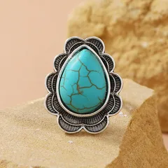 Water Droplets Ring For Women In Blue Alloy With Turquoise Inlay, Electroplated Finish, 1 Piece 5