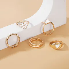 Retro Geometric Alloy Ring Set For Women Featuring Electroplated Design With Artificial Pearl Inlay 2