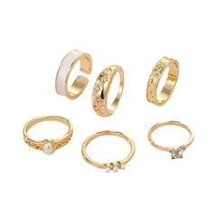 Retro Geometric Alloy Ring Set For Women Featuring Electroplated Design With Artificial Pearl Inlay 4
