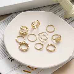 Retro Geometric Alloy Ring Set For Women Featuring Electroplated Design With Artificial Pearl Inlay 5