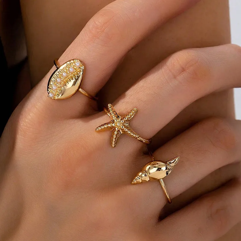 3 PCs Set Geometric Pattern Shell Starfish Women Ring Suit Elegant Simple Style Alloy Jewelry For Women Online Retailer 3