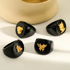 304 Stainless Steel Vacuum Furnace Plated 18K Real Gold Geometric Acrylic Animal Owl Bee Ladybug Butterfly Unisex Ring 2