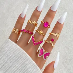 9 Pieces Retro Unisex Metal Rings Featuring Butterfly Design With Artificial Diamond Inlay