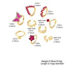 9 Pieces Retro Unisex Metal Rings Featuring Butterfly Design With Artificial Diamond Inlay 2