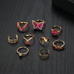 9 Pieces Retro Unisex Metal Rings Featuring Butterfly Design With Artificial Diamond Inlay 3