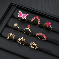9 Pieces Retro Unisex Metal Rings Featuring Butterfly Design With Artificial Diamond Inlay 4