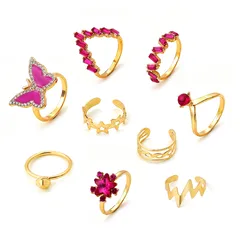 9 Pieces Retro Unisex Metal Rings Featuring Butterfly Design With Artificial Diamond Inlay 5