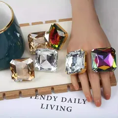 Adjustable 40mm Square Octagonal Crystal Glass Rhinestone Ring Geometric Wedding Dress Colorful Women's Fashion Jewelry Accessory