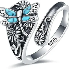 Dragonfly Adjustable Ring For Women In Bohemian Style Featuring Green Zinc Alloy With Turquoise Inlay And Electroplated Finish