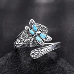 Dragonfly Adjustable Ring For Women In Bohemian Style Featuring Green Zinc Alloy With Turquoise Inlay And Electroplated Finish 2