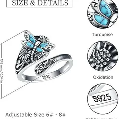 Dragonfly Adjustable Ring For Women In Bohemian Style Featuring Green Zinc Alloy With Turquoise Inlay And Electroplated Finish 5