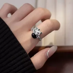 Adjustable Copper Cat Ring For Women With Zircon Inlay In Dyed Black, Sweet Style