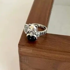 Adjustable Copper Cat Ring For Women With Zircon Inlay In Dyed Black, Sweet Style 2