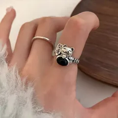 Adjustable Copper Cat Ring For Women With Zircon Inlay In Dyed Black, Sweet Style 3