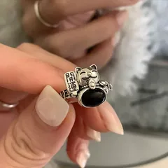 Adjustable Copper Cat Ring For Women With Zircon Inlay In Dyed Black, Sweet Style 4