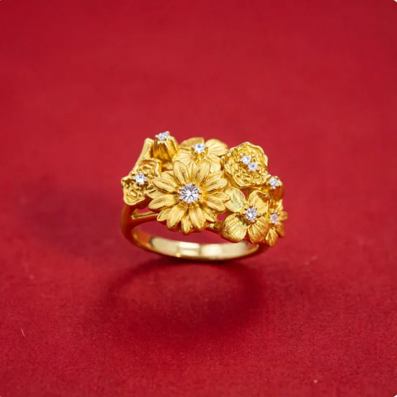 Cute Adjustable Flower Ring For Women In Copper Alloy With Electroplated Finish 3