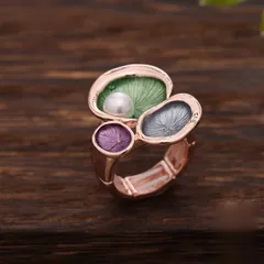 Adjustable Green Flowers Ring For Women In Zinc Alloy With Enamel Craft And Imitation Pearl Inlay 2