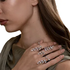 Adjustable Leaf Ring For Women In Mixed Materials With Zircon Inlay, Silver Color, Perfect For Wedding 5