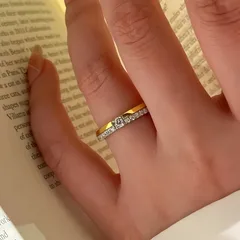Adjustable Square Ring For Women In Two Tone Copper Plated Design With Rhinestone Inlay, Electroplated Finish 2
