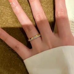 Adjustable Square Ring For Women In Two Tone Copper Plated Design With Rhinestone Inlay, Electroplated Finish 5