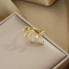 Adjustable Women's Flower Ring With Real Gold Plated PVD Coating And Imitation Pearl Inlay, Novelty Style 2