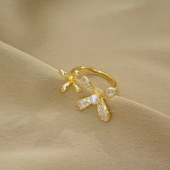 Adjustable Women's Flower Ring With Real Gold Plated PVD Coating And Imitation Pearl Inlay, Novelty Style 3