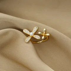 Adjustable Women's Flower Ring With Real Gold Plated PVD Coating And Imitation Pearl Inlay, Novelty Style 4
