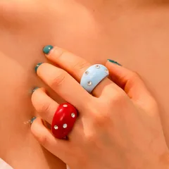 Asymmetrical Red Acrylic Ring For Women With Artificial Gemstones, 1 Piece 2