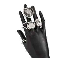 Black Acrylic Diamond Heart Shaped Rings Set Fashionable Geometric Pattern Metal Thread Design Women's Stylish Simple Style 5