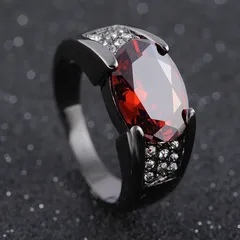 Black Gun Metal Ring For Men And Women Embedded With Red Ruby Ideal For Parties Weddings Simple Style Alloy Diamond Shape