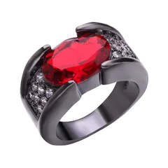 Black Gun Metal Ring For Men And Women Embedded With Red Ruby Ideal For Parties Weddings Simple Style Alloy Diamond Shape 2