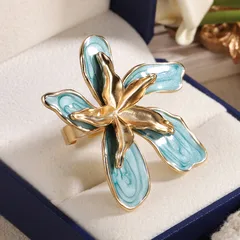Blue Flowers Ring For Women, 18K Real Gold Plated Alloy With 0.03µm-0.05µm Thickness, 1 Piece 2