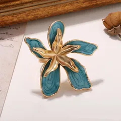 Blue Flowers Ring For Women, 18K Real Gold Plated Alloy With 0.03µm-0.05µm Thickness, 1 Piece 4