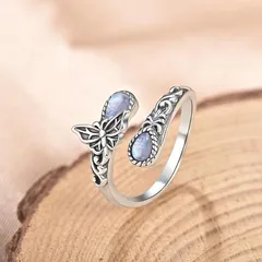 Bohemian Butterfly Adjustable Ring For Women In Antique Silver Plated Zinc Alloy With Moonstone Inlay