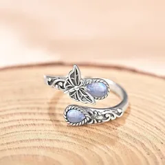 Bohemian Butterfly Adjustable Ring For Women In Antique Silver Plated Zinc Alloy With Moonstone Inlay 2