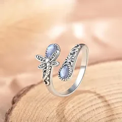 Bohemian Butterfly Adjustable Ring For Women In Antique Silver Plated Zinc Alloy With Moonstone Inlay 3