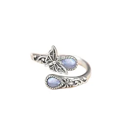 Bohemian Butterfly Adjustable Ring For Women In Antique Silver Plated Zinc Alloy With Moonstone Inlay 5