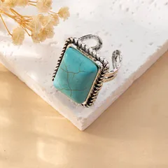 Bohemian Retro Turquoise Ring Fashionable Ladies Hand Jewelry Accessory Alloy Material U-Shape Geometric Pattern Cat Design