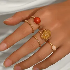 Bohemian Round Twist Band Rings For Women In Red With Zircon Inlay, 5 PCS/Package