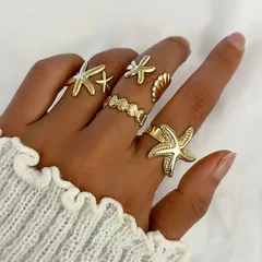 Bohemian Shell Rings For Women, 4 PCS Package, Gold Electroplated Zinc Alloy 2