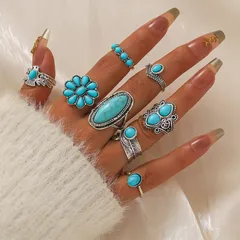 Bohemian Silver Rings For Women Featuring Turquoise Inlay, Set Of 8 Pieces Made Of Metal 2