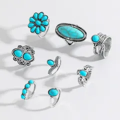 Bohemian Silver Rings For Women Featuring Turquoise Inlay, Set Of 8 Pieces Made Of Metal 3